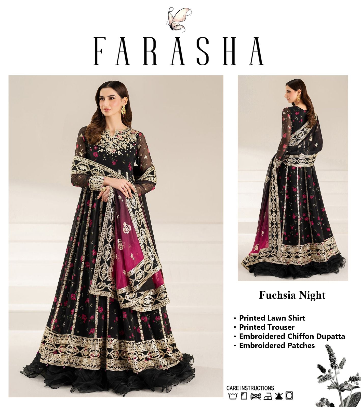 Farasha Fuchsia Night Frock Premium Pure Lawn With Chiffon Emb Duppata 2026