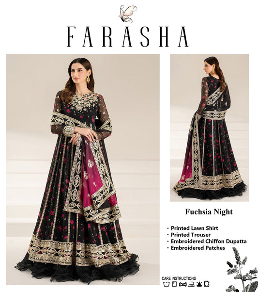 Farasha Fuchsia Night Frock Premium Pure Lawn With Chiffon Emb Duppata 2026