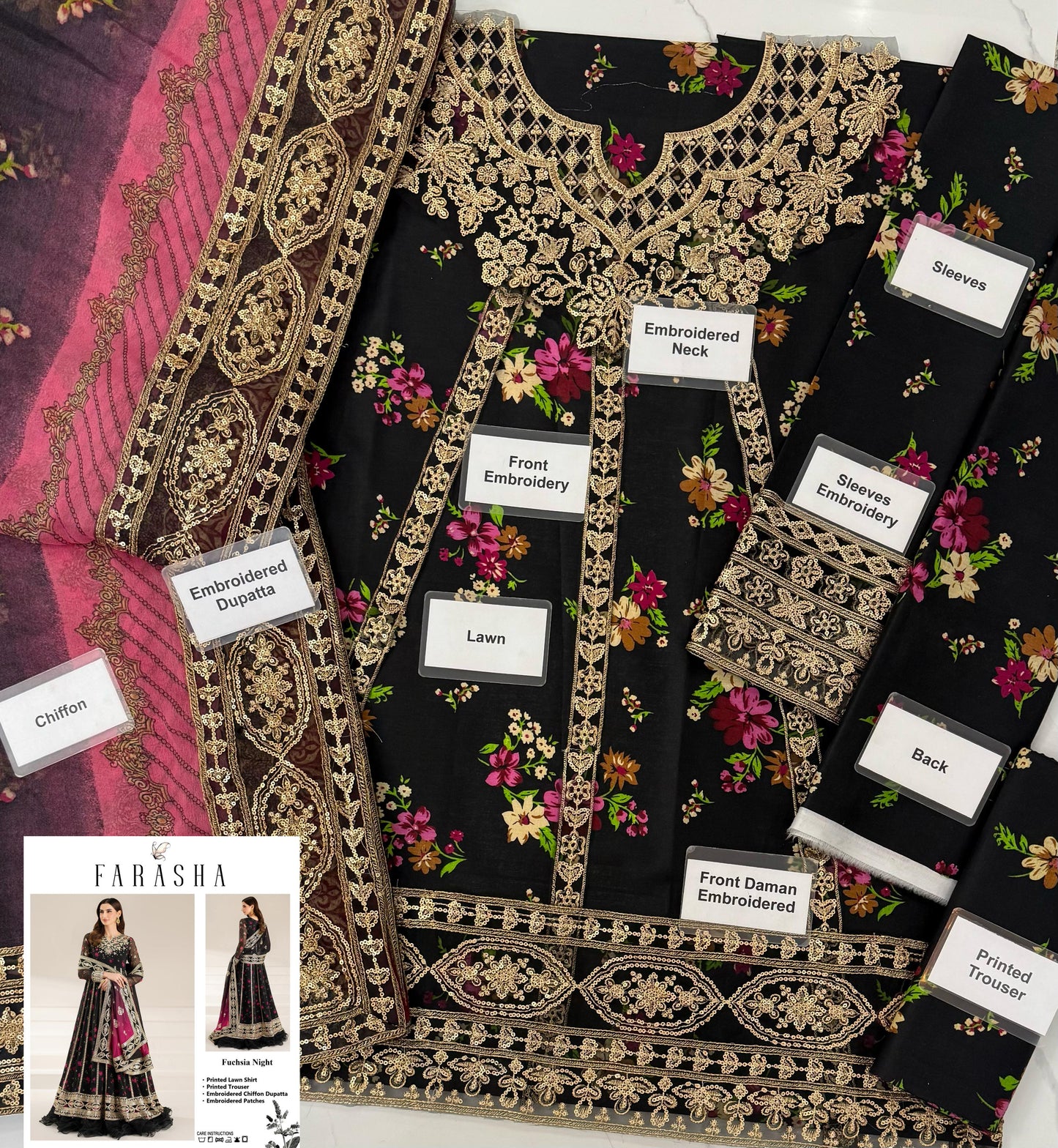 Farasha Fuchsia Night Frock Premium Pure Lawn With Chiffon Emb Duppata 2026
