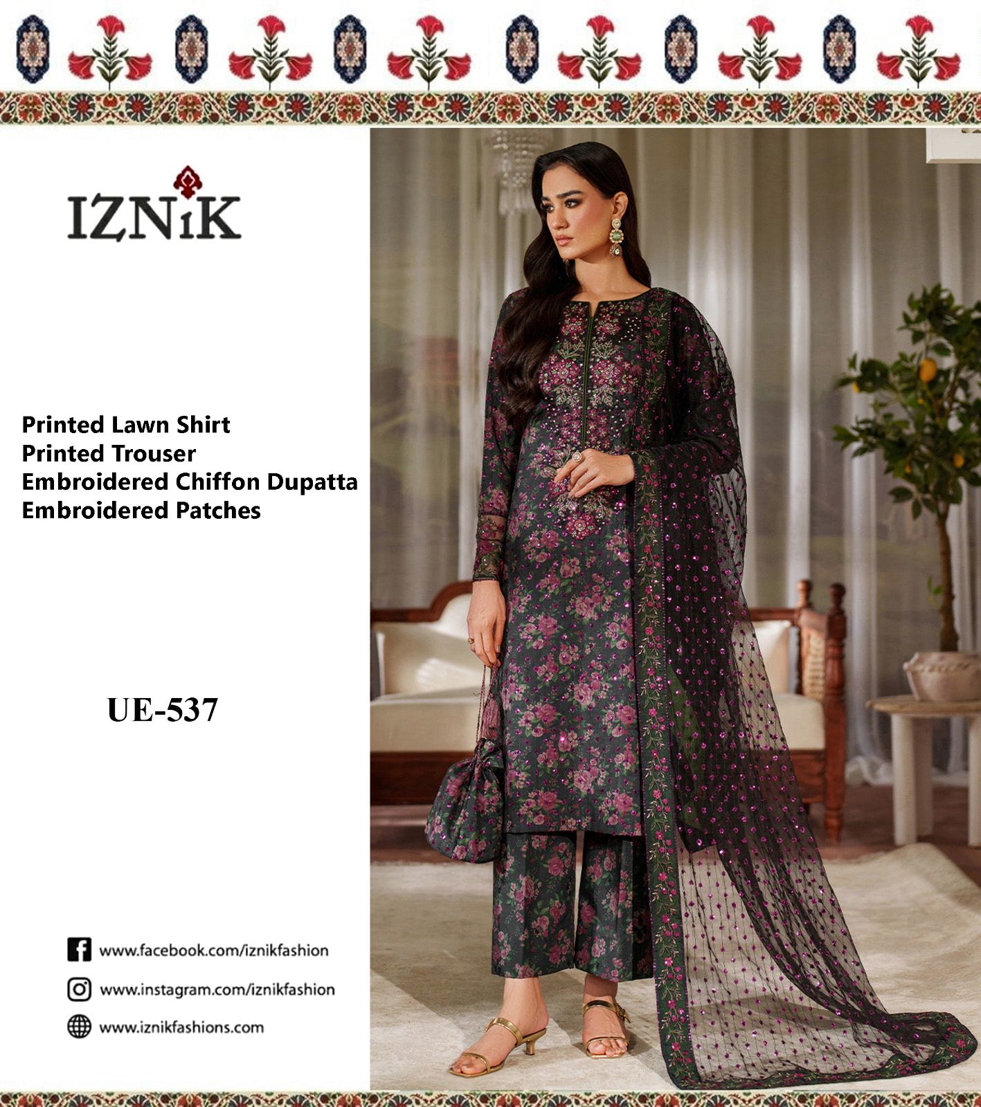 Iznik UE-537 Premium Pure Lawn With Chiffon Emb Duppata 2026