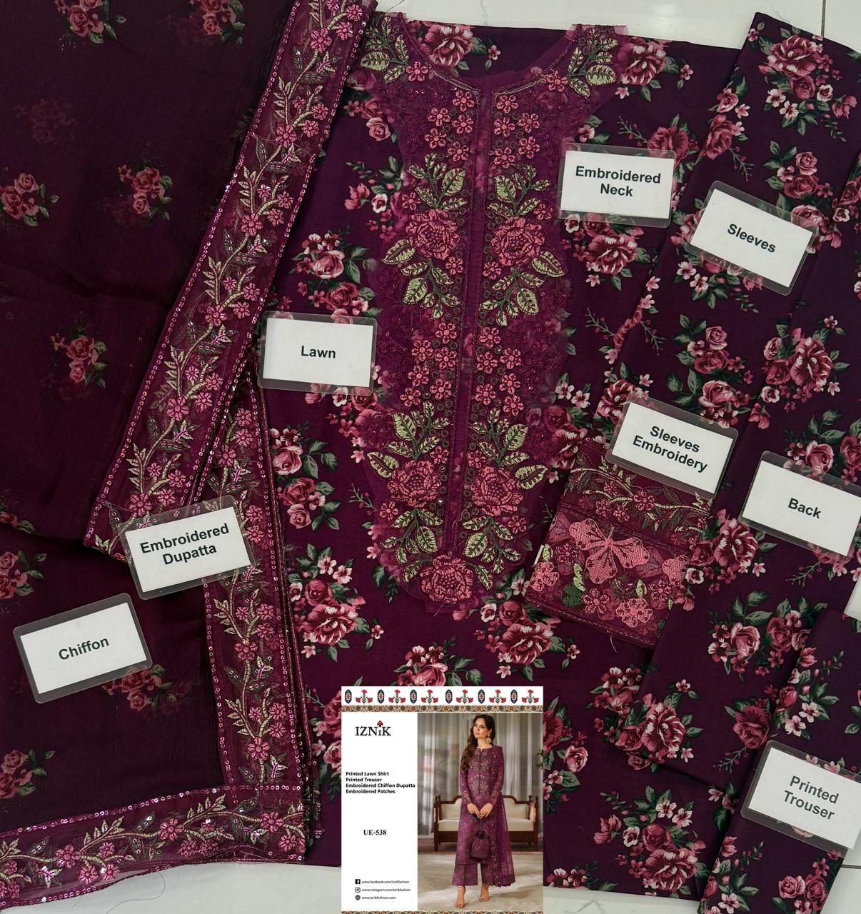 Iznik Ue-537 Premium Pure Lawn With Chiffon Emb Duppata 2026