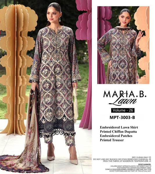 Maria b M Print Wz-3003 B  Premium Pure Lawn With Chiffon Emb Border Duppata 2026