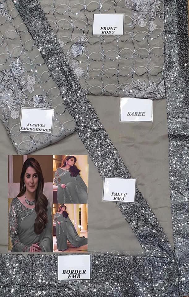 Ayeza Khan Wz-38 Most Demanding Indian Saree Gray Exclusive Chiffon Saree 26