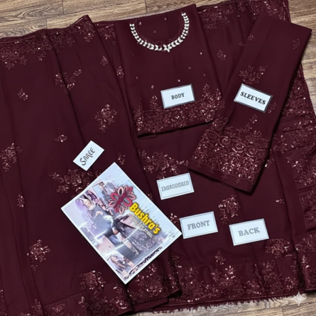 Hania Amir Wz-32 Most Demanding Indian Mehroon Exclusive Chiffon Saree 26 (Copy)