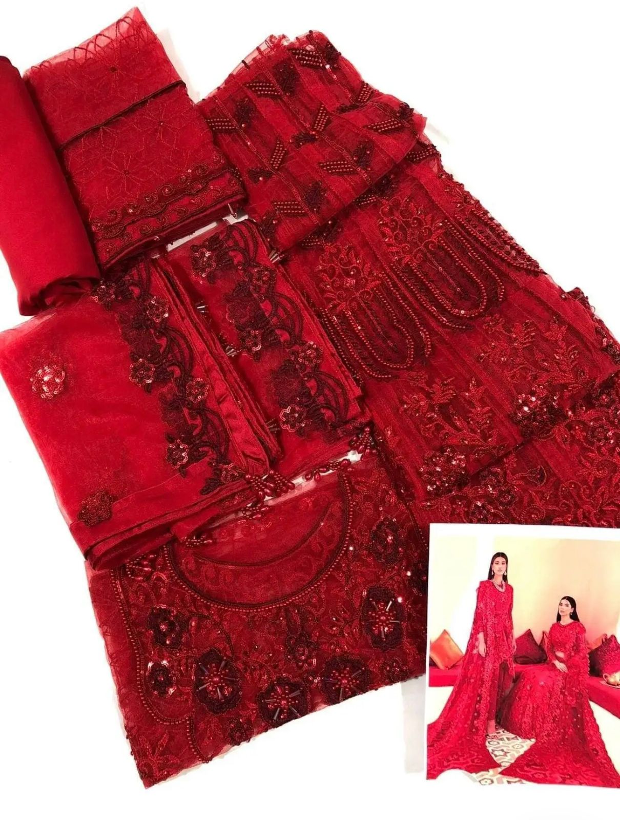 Maria b Wz-2 Red Beauty Most Demanding Maxi Frock On Soft Net 26