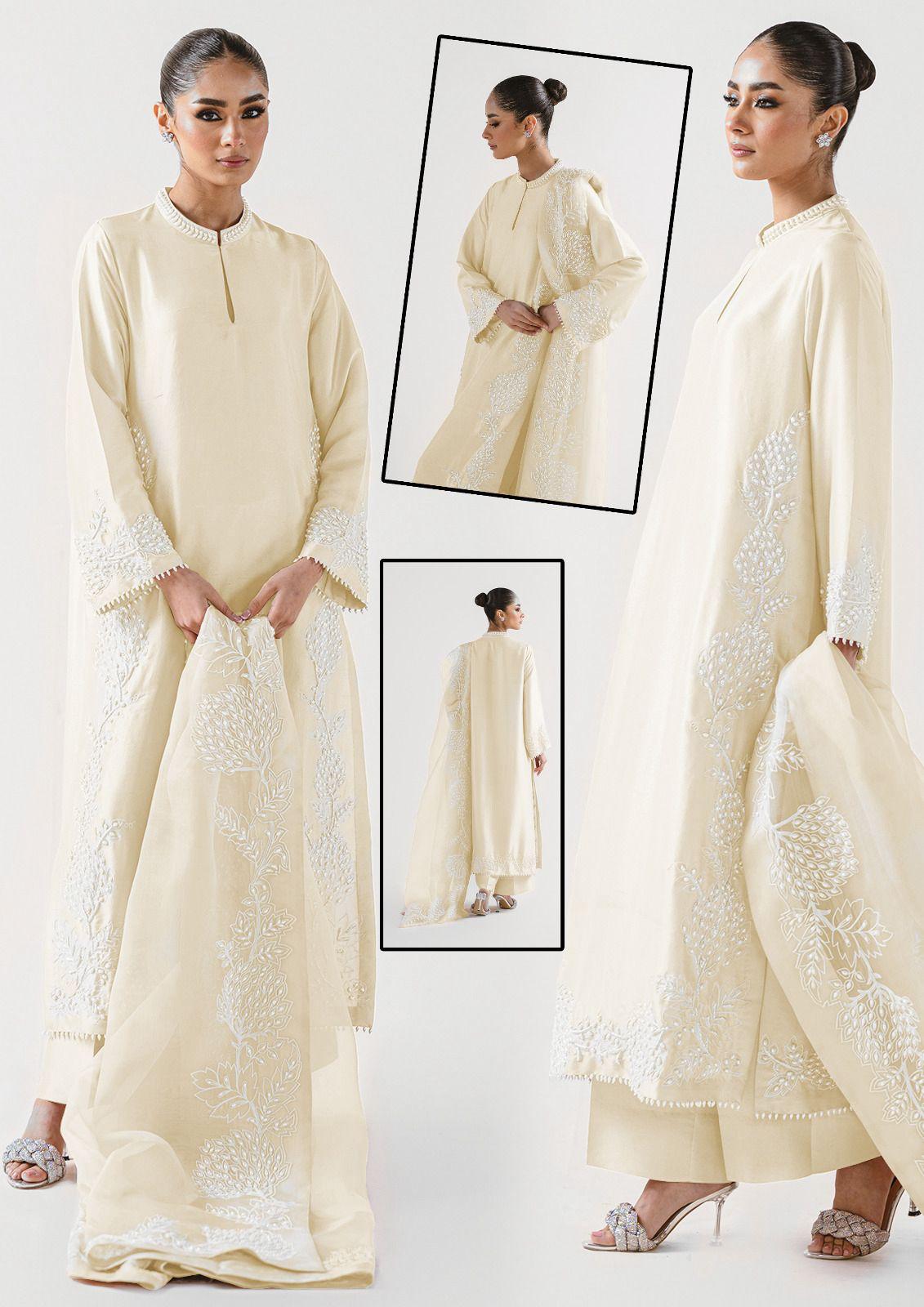Zahvia cream-colored traditional outfit with intricate designs, shown from multiple angles on a white background.
