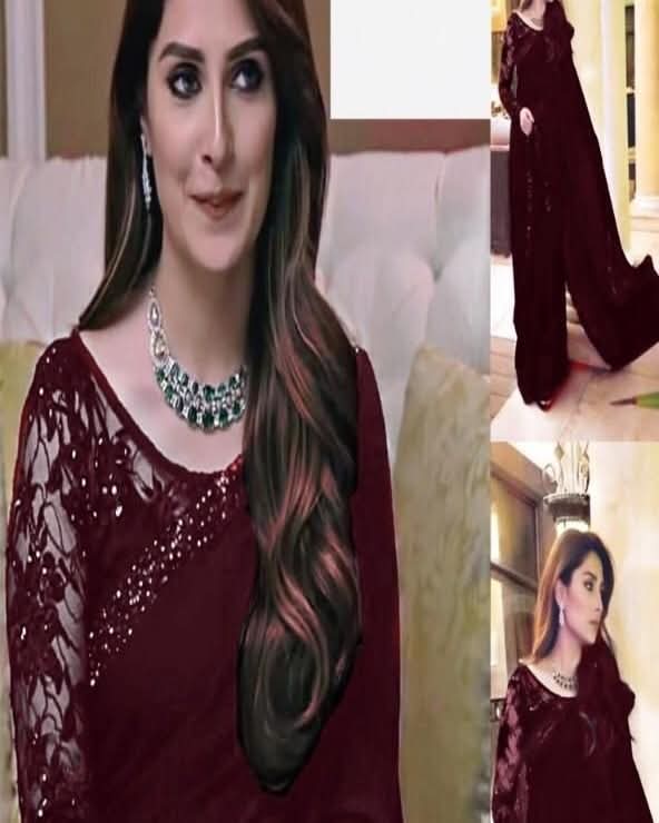 A woman wearing a deep burgundy lace and sequin long-sleeve dress, shown in a collage with two smaller inset photos of the same outfit from different angles.