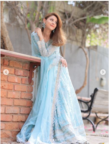Maryum n Maria Wear By Hina Altaf Sky Blue Most Demanded Maxi Frock Soft Net 26