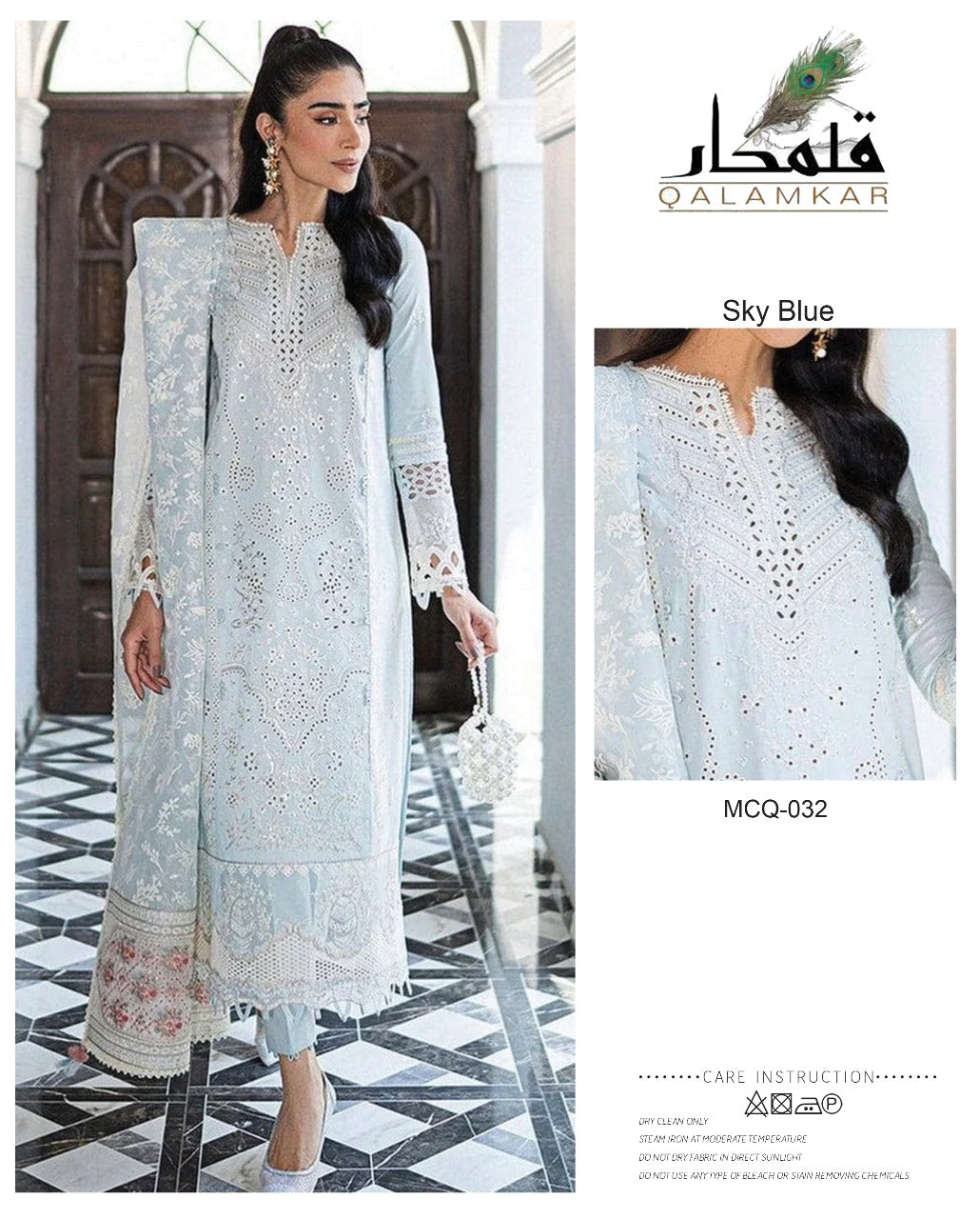 Woman wearing a light blue embroidered outfit with Qalamkar branding.