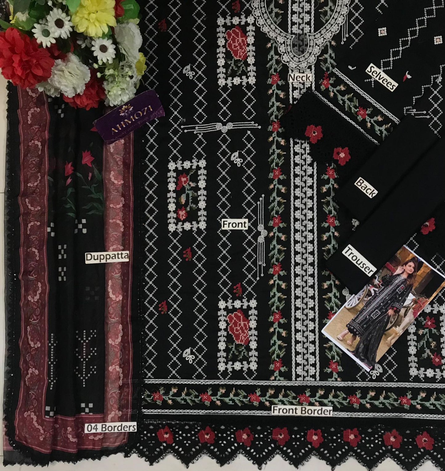 Aneela's Wz-55 Black Premium Pure Chikankari Lawn With Silk Duppata 26