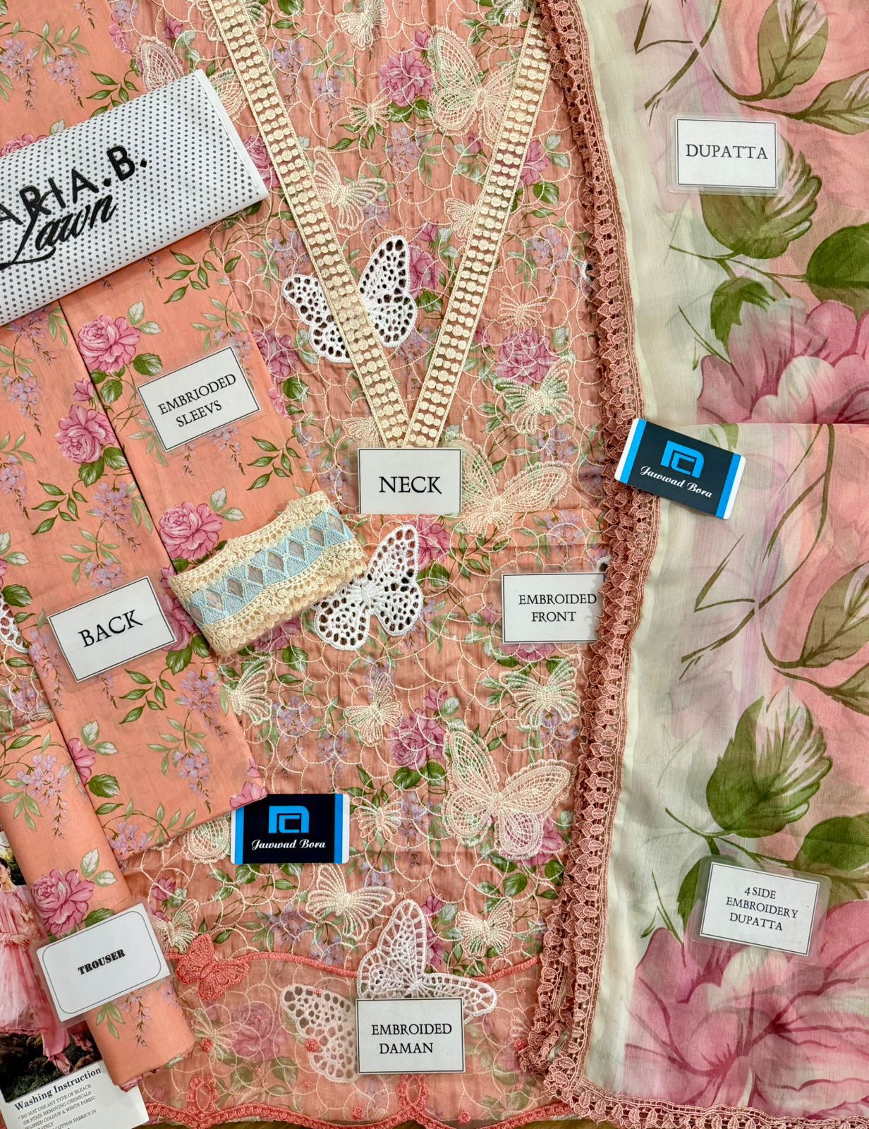 Maria b M Print Wz-26B Butterfly Pink Color Premium Pure Lawn With Chiffon Emb Border Duppata 2026