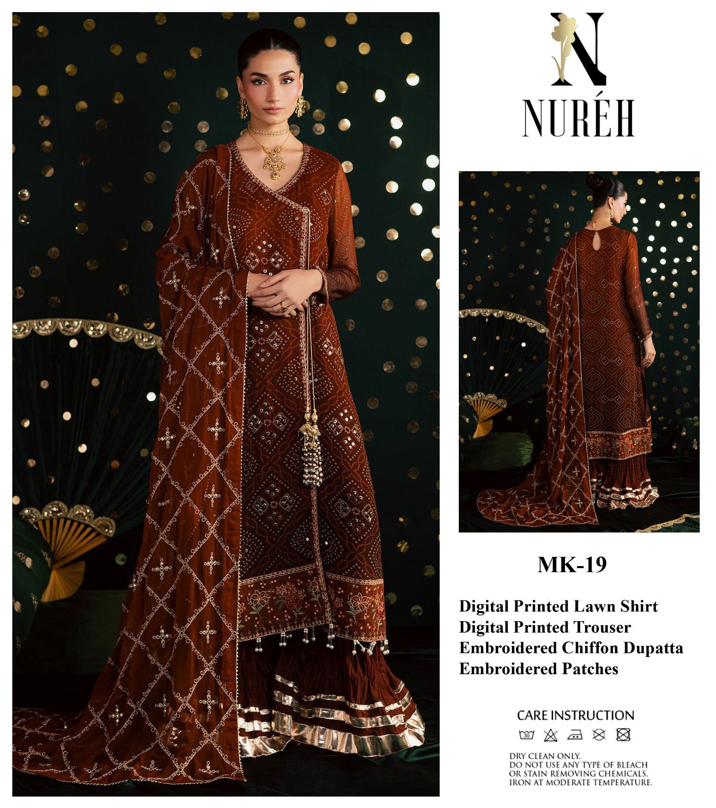Nureh Mk-19 Chunri Premium Pure Lawn & Party Wear Dress 2026