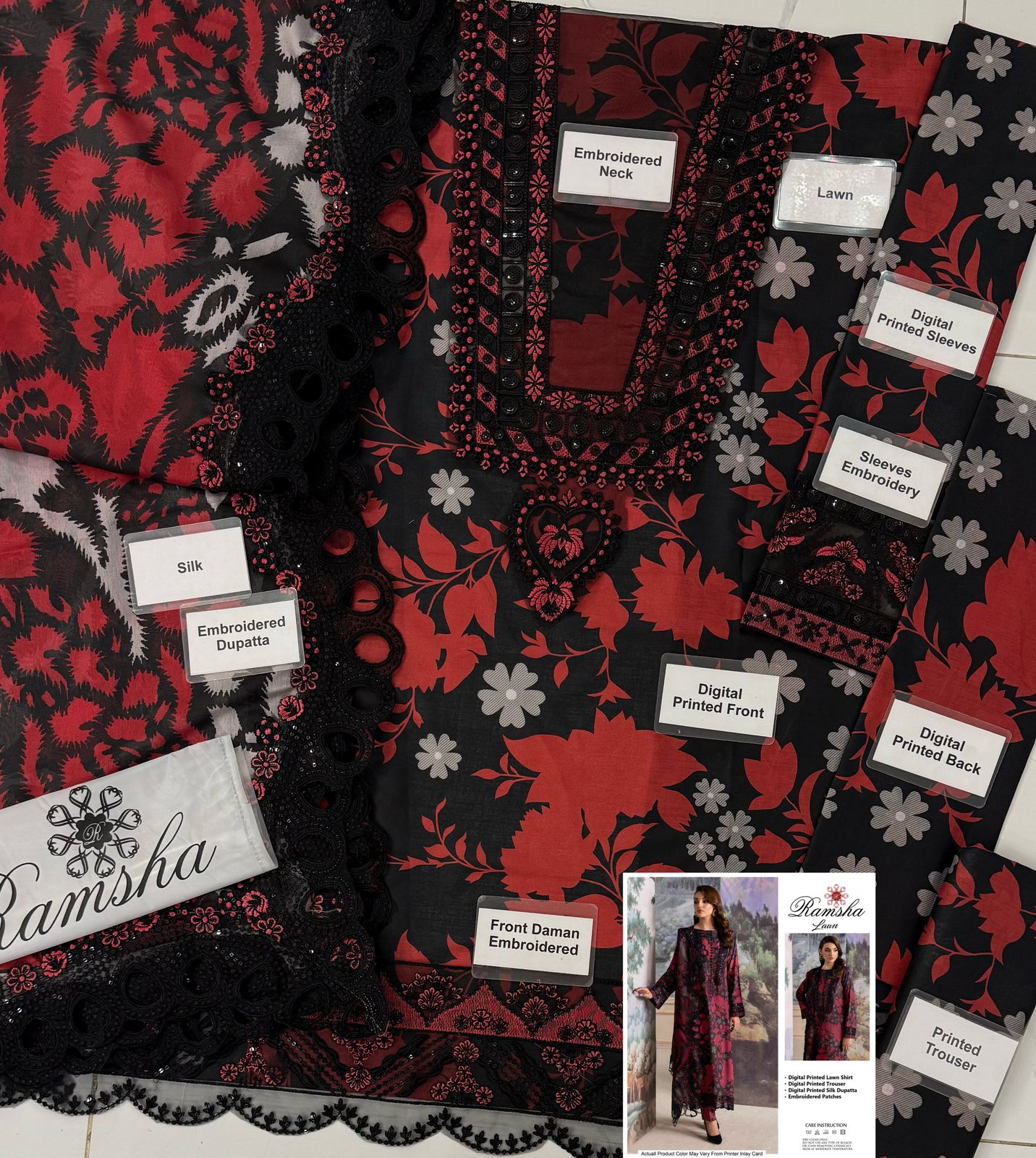 Ramsha Red & Black  Wz-503 Luxury Pure Lawn Dress Eid Ul Adha Collection 2025