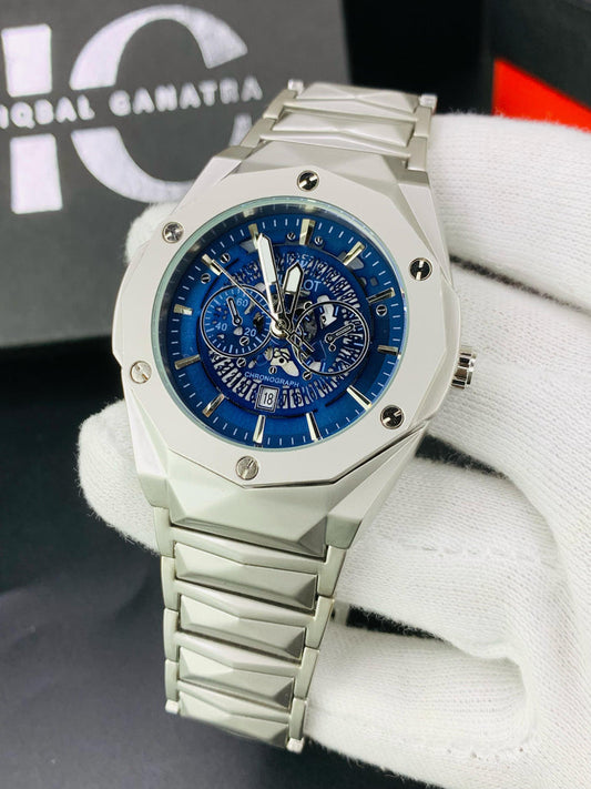 Hublot Watch Diamond Cut | Date Adjustment | Texture Chain |Silver Blue