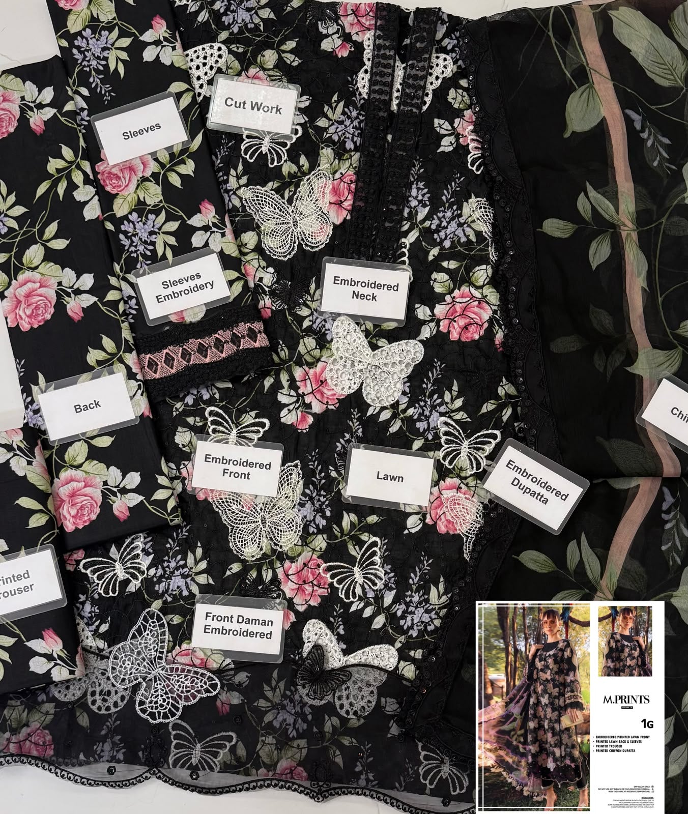 Maria b M Print MBT-1-G Butterfly Black Premium Pure Lawn With Chiffon Emb Border Duppata 2026