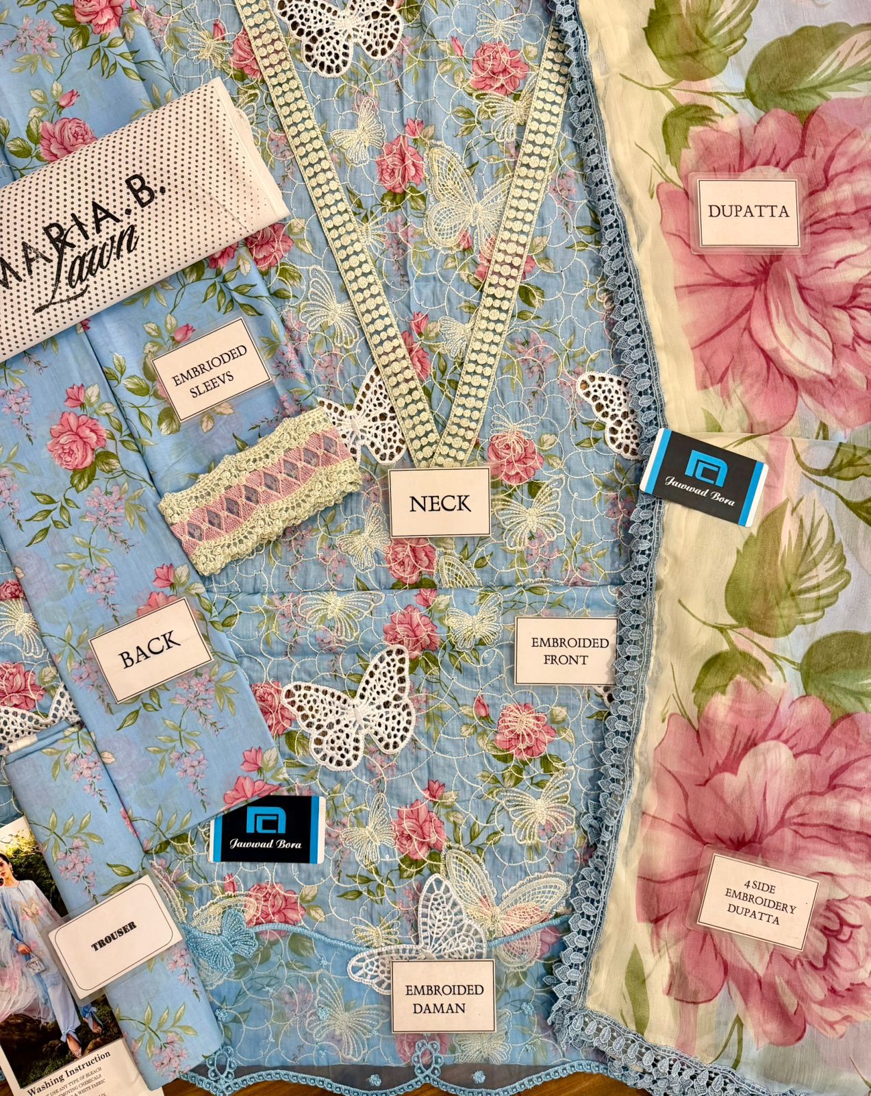 Maria b M Print Wz-26A Butterfly Sky Blue Color Premium Pure Lawn With Chiffon Emb Border Duppata 2026