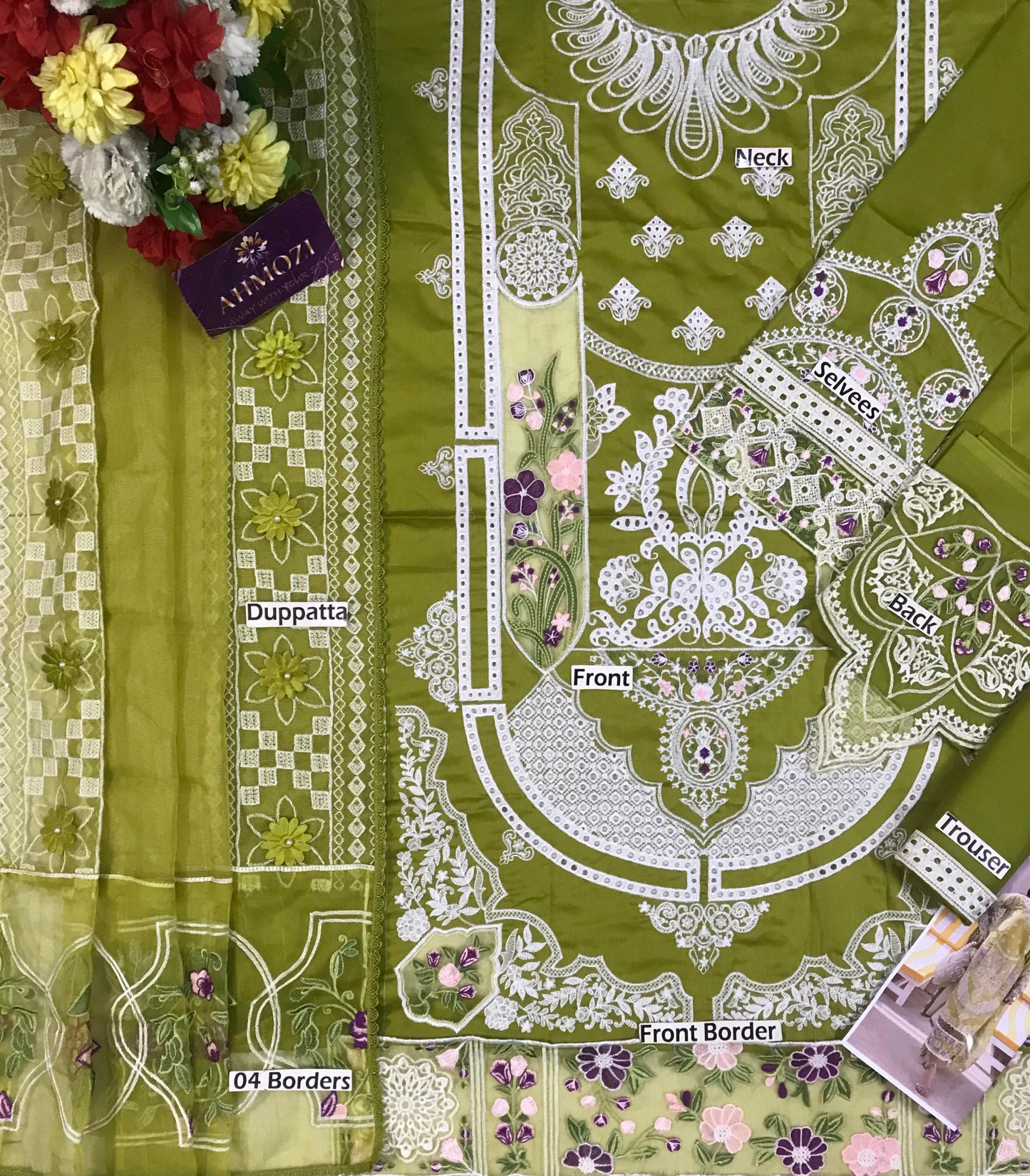 Parishay Most Demanding Design Parrot Green Color Wz-08 Premium Pure Lawn With Khaadi Net Emb Duppata 26