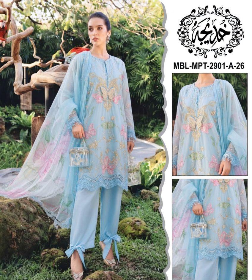 Maria b M Print Wz-26A Butterfly Sky Blue Color Premium Pure Lawn With Chiffon Emb Border Duppata 2026