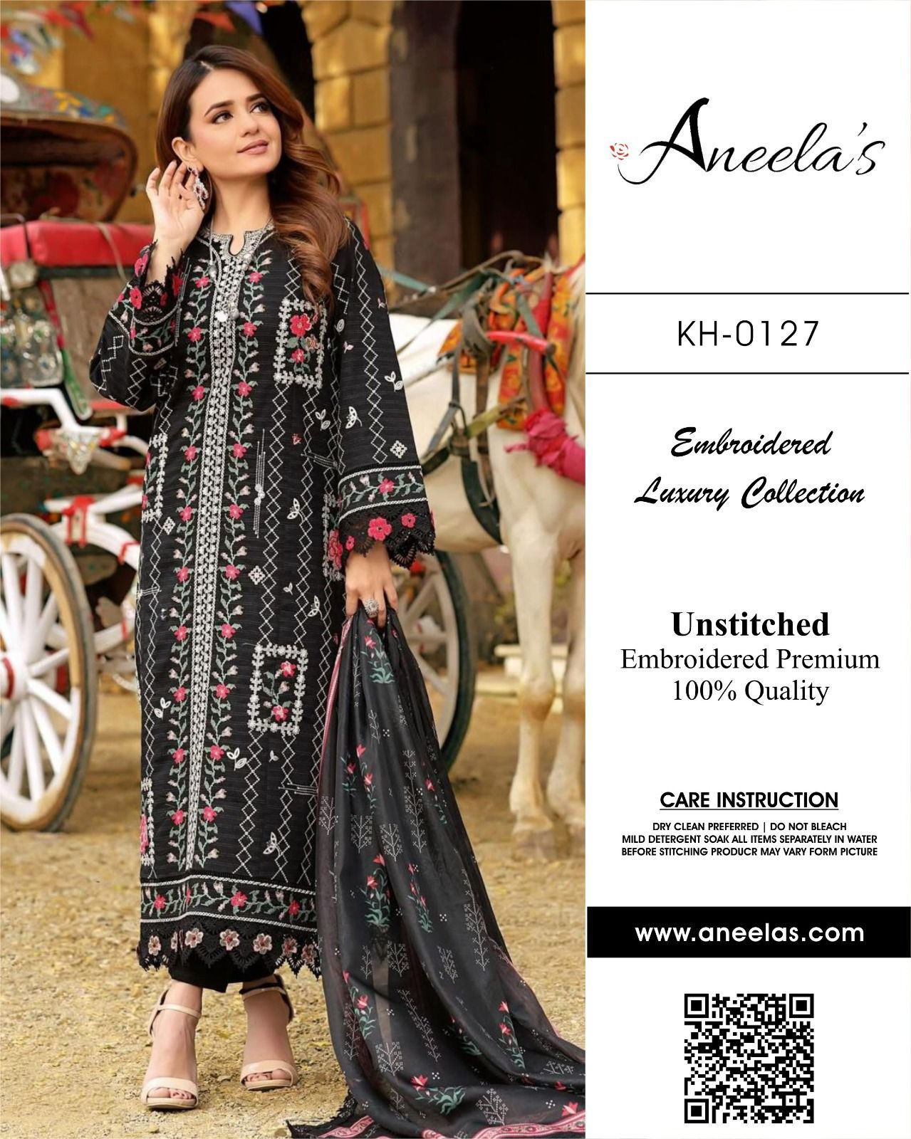 Aneela's Wz-55 Black Premium Pure Chikankari Lawn With Silk Duppata 26