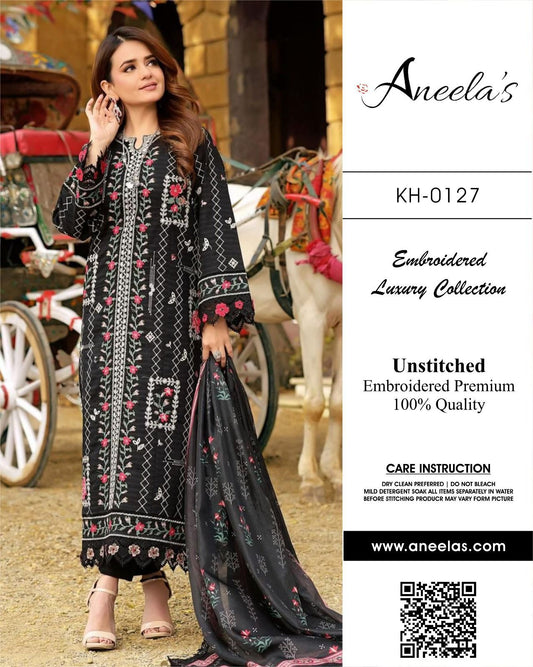 Aneela's Wz-55 Black Premium Pure Chikankari Lawn With Silk Duppata 26