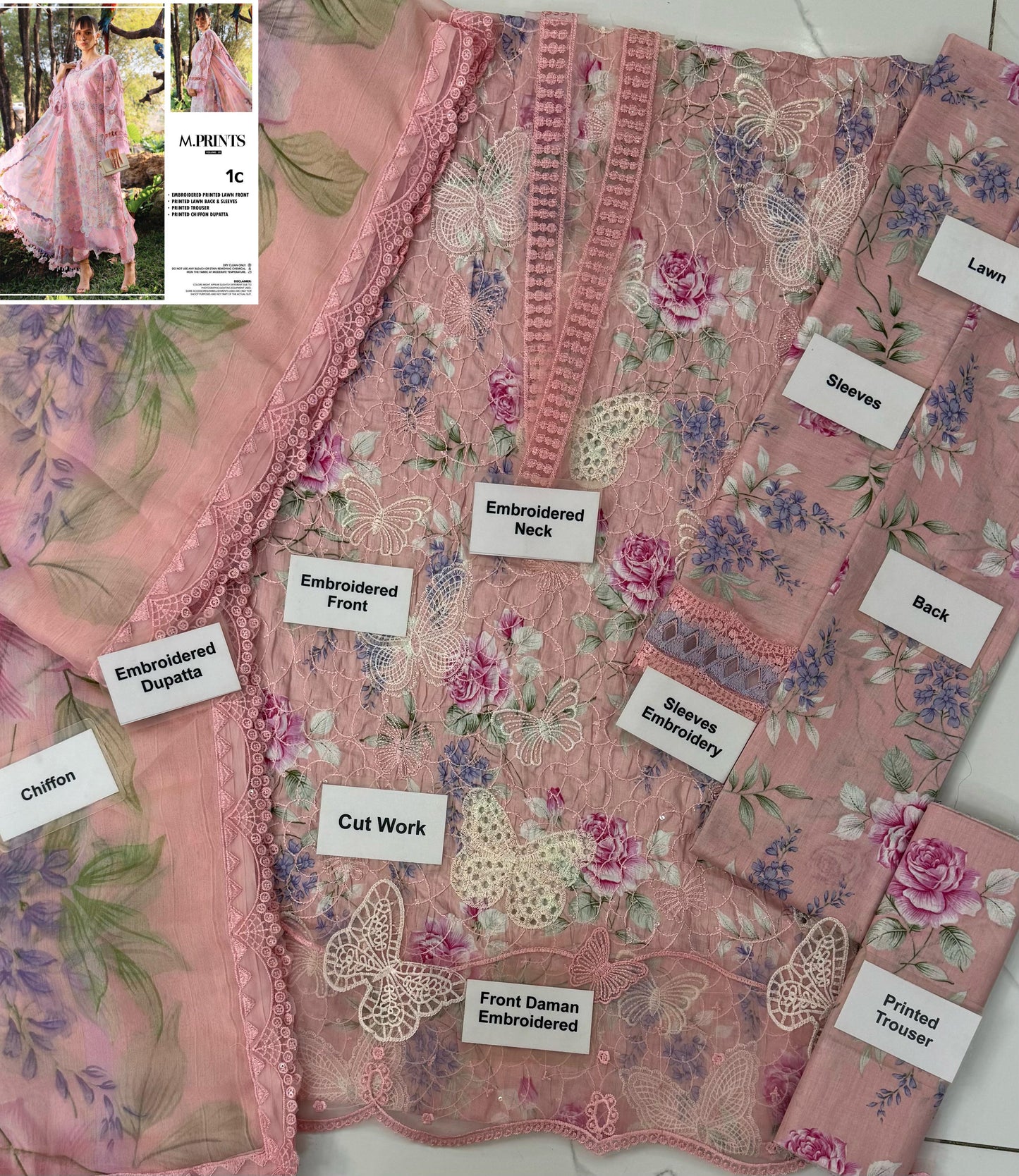 Maria b M Print MBT-1-C Butterfly Pink Premium Pure Lawn With Chiffon Emb Border Duppata 2026