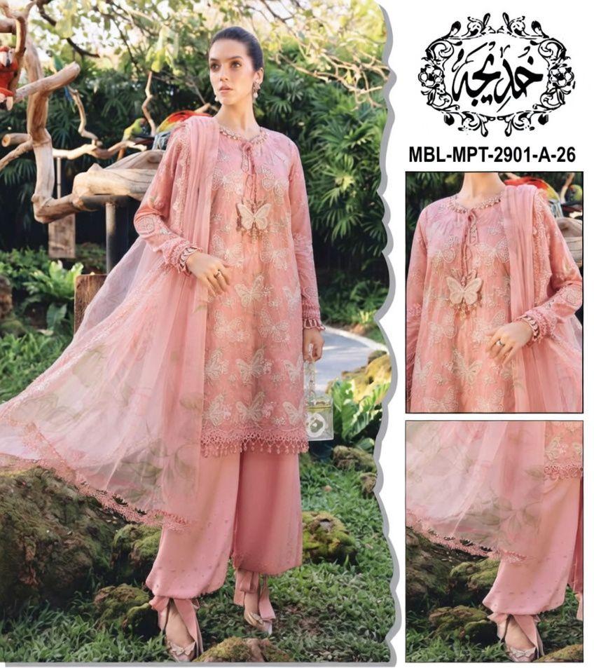 Maria b M Print Wz-26B Butterfly Pink Color Premium Pure Lawn With Chiffon Emb Border Duppata 2026