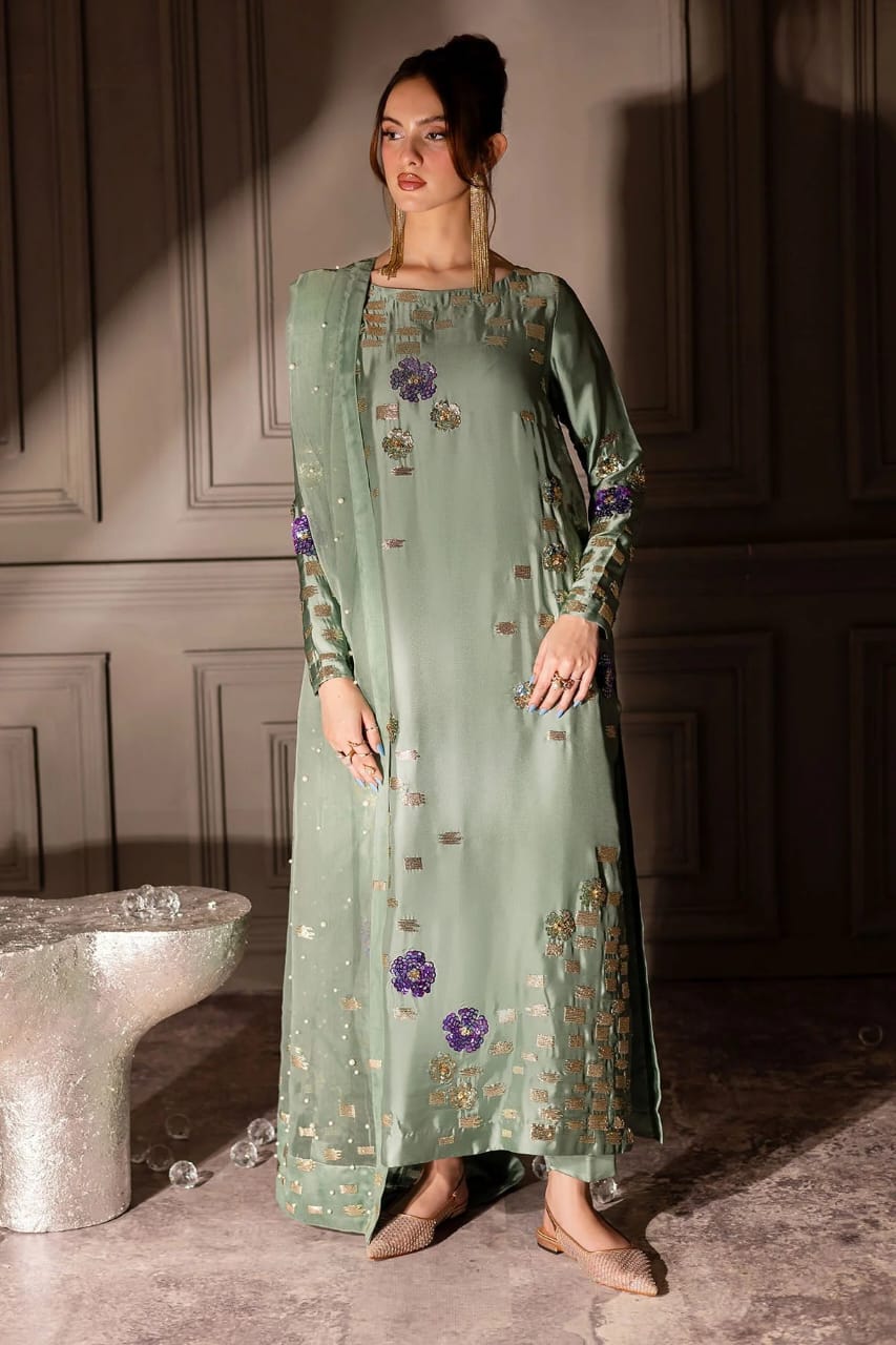 Nureh Twinkle Pista Wz-34 Luxury Hand Embellished Raw Silk Formal 26