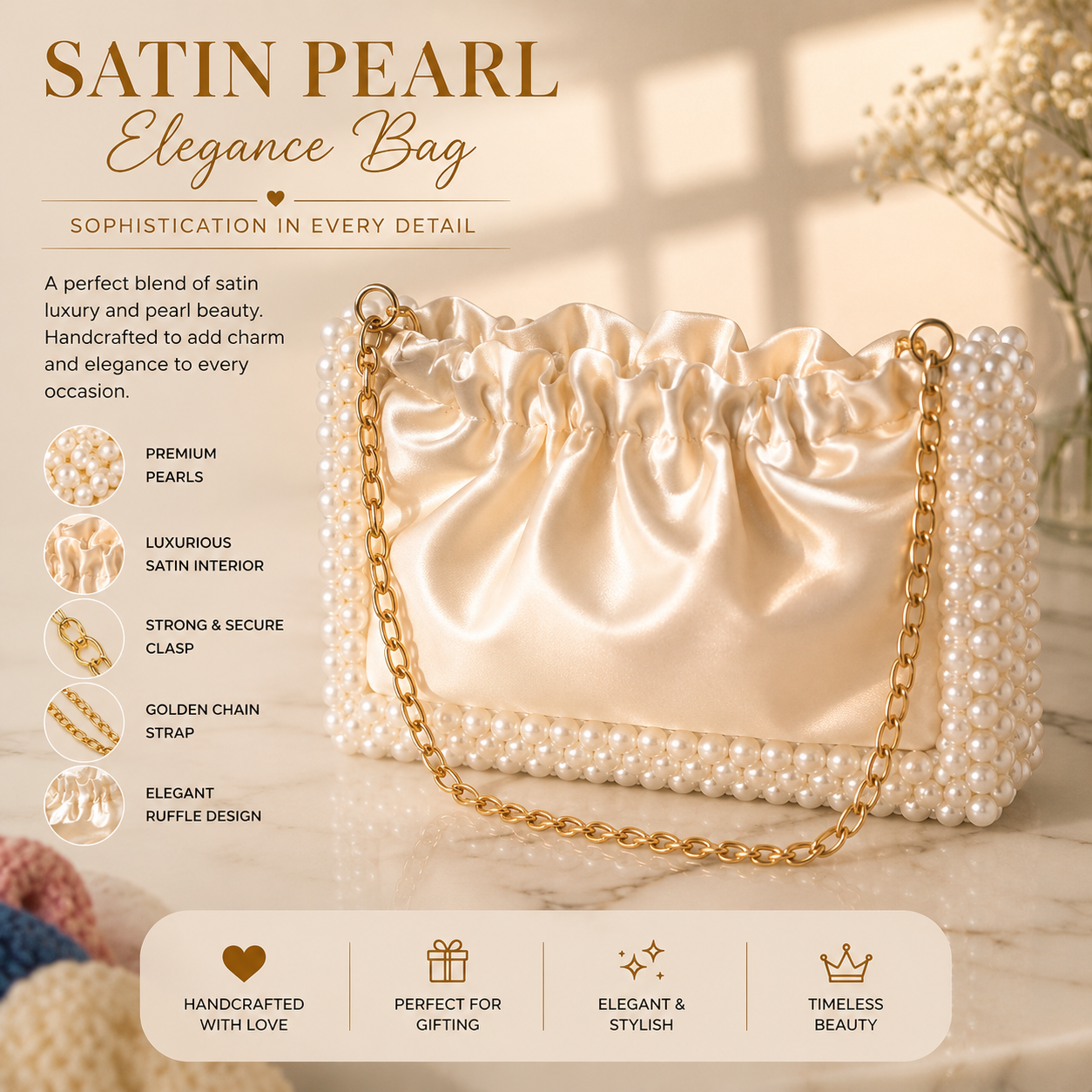 A satin pearl evening bag with a gold chain strap, shown on a marble surface with promotional text and feature callouts. The bag has a ruffled top, a pearl-embellished base, and a shiny satin interior.