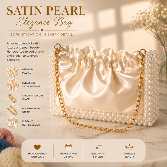A satin pearl evening bag with a gold chain strap, shown on a marble surface with promotional text and feature callouts. The bag has a ruffled top, a pearl-embellished base, and a shiny satin interior.
